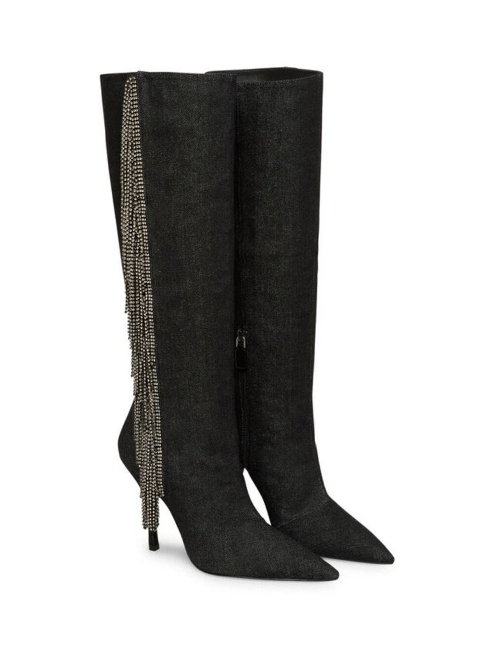 New Stuart Weitzman Crystal Fringe Boot Black Denim Sz 9.5